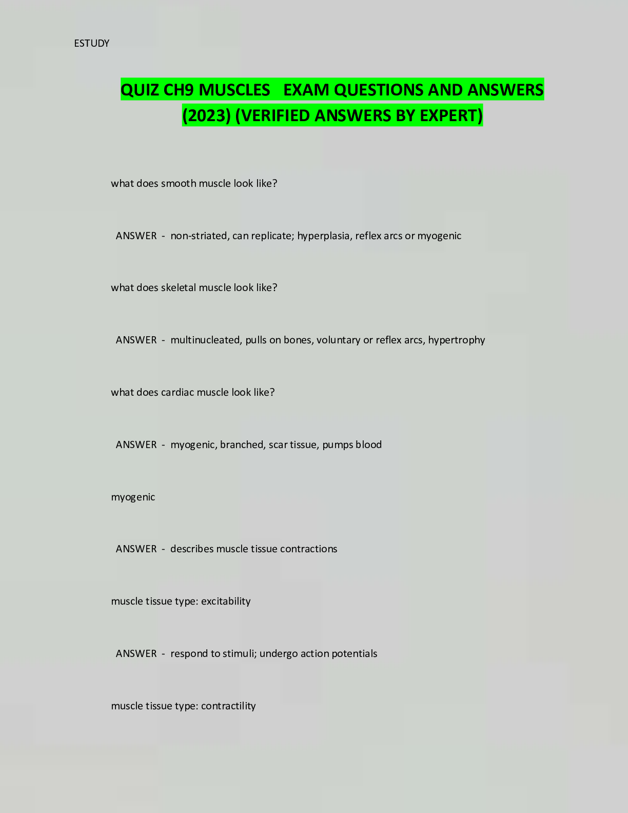 Preview image for QUIZ CH9 MUSCLES EXAM QUESTIONS AND ANSWERS  (2023) (VERIFIED ANSWERS BY EXPERT)